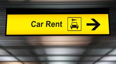 Car Hire sign with arrow point to rent a car service at the airport for passenger who want to hide a car for travel around city. freedom transportation for convenient travel